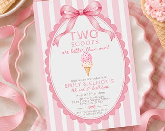 Editable Ice Cream Truck Twin Birthday Invitation Twin Ice Cream Birthday Invitation Two Scoops Are Better Than One Twins Joint Invite 604H