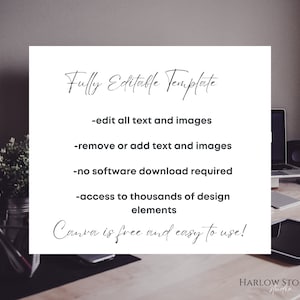 May include: A white card with the text "Fully Editable Template" in elegant script. The card lists features like editing text and images, removing or adding elements, no software download, and access to design elements. The text "Canva is free and easy to use!" is also included.