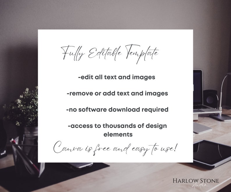 May include: A white card with the text "Fully Editable Template" in elegant script. The card lists features like editing text and images, removing or adding elements, no software download, and access to design elements. The text "Canva is free and easy to use!" is also included.