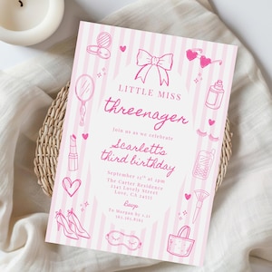 Threenager Fashion & Makeup Girl 3rd Third Birthday Invitation, Coquette Hand Drawn Bow, Little Miss Threenager Birthday 588A