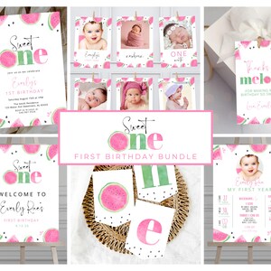 Sweet One Birthday Invitation Bundle, Printable Watermelon Invitation 1st Birthday, Melon Birthday, Printable 1st Birthday Bundle 703C