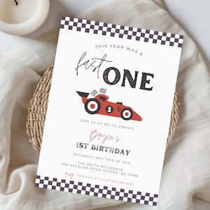 Invitación de cumpleaños «Fast ONE», plantilla editable, fiesta de primer cumpleaños con temática de coches, invitación de primer cumpleaños con coches de carreras, invitación de coches, descarga digital 708A