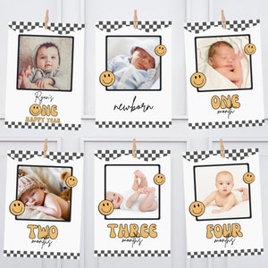 One Happy Dude Birthday Monthly Banner, Smiley Face 1st Birthday Party Decor, Boy 1st Birthday Template, Monthly Banner, Template 726YB2