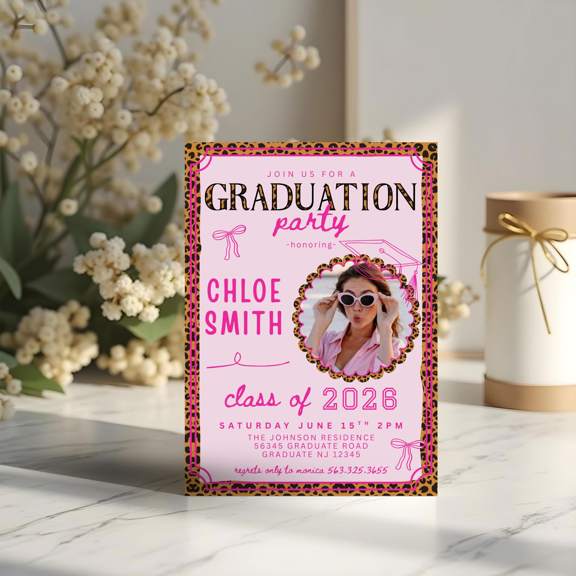 Leopard Graduation Invitations Pink Bow Graduation Invitation, Canva Template, Editable Girly Grad ...