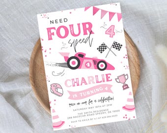 Invitación de cumpleaños con temática de Need FOUR Speed, plantilla editable, fiesta de autos de carreras vintage, autos de carreras, cumpleaños de autos de carreras, niña rosa 855A