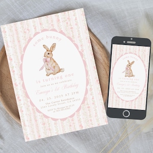 May include: A pink and white birthday invitation with a watercolor bunny illustration. The text reads "some bunny is turning one" and includes event details. A smartphone displays the same design.
