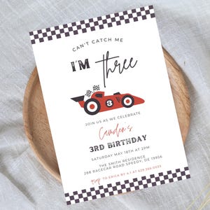 Can&#39;t Catch Me I&#39;m Three Birthday Invitation, Editable Template, Vintage Race Car Party, Racing Cars, Race Car Birthday, Turning 3,  708C