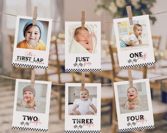 Racing First Birthday Photo Banner, Editable Template, Race Month by Month Picture Banner, Racecar Monthly Photos Year One Party Extras 708K