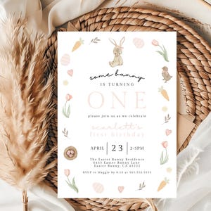 Bunny Birthday Invitation Template, Somebunny is Turning One Editable Invitation, Girl First Birthday Invite, Printable Invite, 024B
