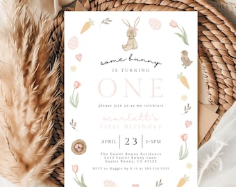 Bunny Birthday Invitation Template, Somebunny is Turning One Editable Invitation, Girl First Birthday Invite, Printable Invite, 024B