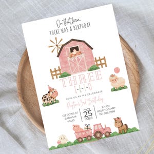 Three-I-E-I-O Birthday Invitation, 3rd Birthday Party Tractor and Farm Animal Theme, Editable Canva Template Digital Download 013I