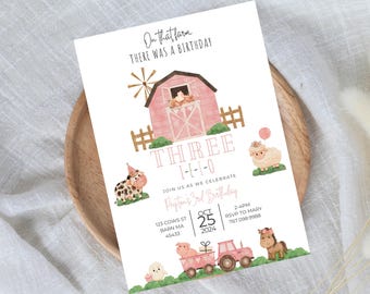 Three-I-E-I-O Birthday Invitation, 3rd Birthday Party Tractor and Farm Animal Theme, Editable Canva Template Digital Download 013I