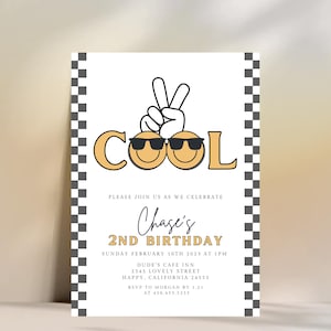 Two Cool Invite Boy, Smile Face Birthday Invitation, Smiley Birthday 2nd Invitation, Two Cool Checkered Invitation, Boy 2nd Birthday  726D