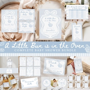 May include: A complete baby shower bundle with a light blue gingham pattern. The set includes invitations, games, thank you cards, and decorative elements, all featuring the phrase "A Little Bun is in the Oven."
