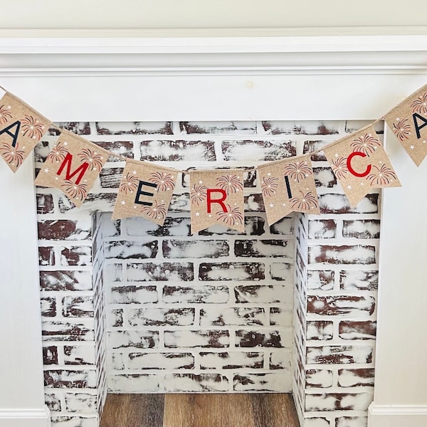 Farmhouse Americana Patriotic Fireworks  Pom Pom  Banner Garland Mantel Decor 60” Photo Prop Red White Blue