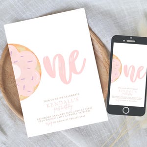 Editable Donut Birthday Invitation Template Printable Sweet One Birthday Invite Pink Baby Girl First Birthday Party Invite 1st Donut 716H