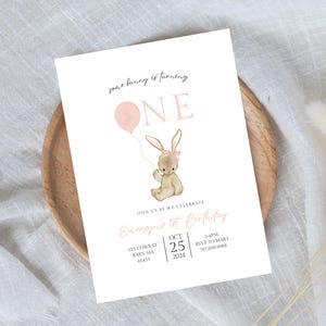 Pink Minimalist Easter Bunny Birthday Day Invitation, Girl Some Bunny Birthday Invitation, Spring 1st Birthday, Printable Template  023A