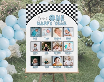 EDITABLE One Happy Dude First Year Board, Smiley Face 1st Birthday Photo Monthly Poster, Smiley Face Birthday, Instant Download 725MC1 BLUE