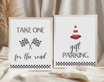 Race Car Party Signs, Editable Racing Decorations, Take One For The Road, Gift Parking Sign, Car Birthday Table Decoration, Favors 708S3