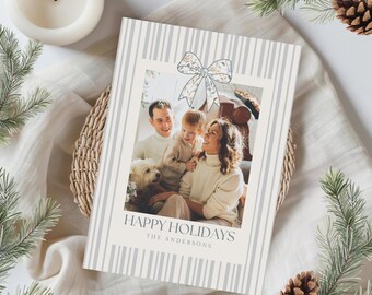 Minimalist Holiday Photo Card Template Canva, Modern Christmas Card Printable Striped Border & Bow, Editable Happy Holidays Templat 400L13