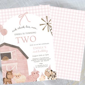 May include: A pink and white gingham patterned invitation for a second birthday. The invitation features a pink barn illustration, farm animals, balloons, and the text "Emma is turning two".