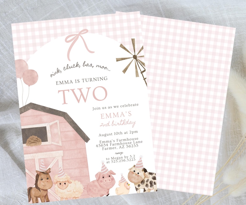 May include: A pink and white gingham patterned invitation for a second birthday. The invitation features a pink barn illustration, farm animals, balloons, and the text "Emma is turning two".