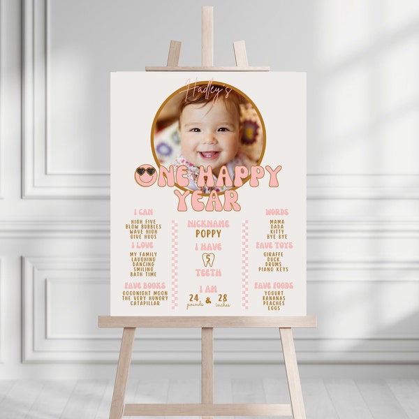 EDITABLE One Happy Girl Milestone Board, Smiley Face 1st Birthday Photo Milestone, Smiley Face Birthday Milestone, Instant Download 725MP1