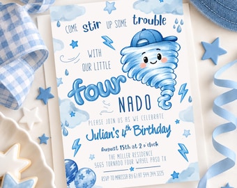 Boy FOURnado Birthday Party Invitation | Storm Weather Party Invitation | Instant Editable Template | Fourth Birthday Invite Blue 519C