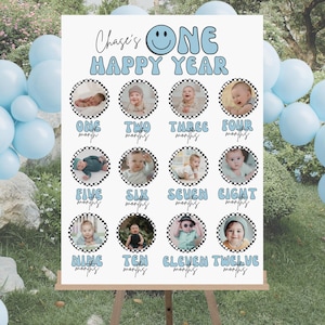 EDITIERBAR Ein glücklicher Dude-erstes Jahr Board, Smiley-Gesicht 1. Geburtstagsfoto-monatliches Plakat, Smiley-Gesicht-Geburtstag, sofortiger Download 725MC1 BLAU