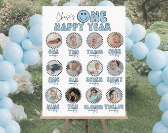 EDITABLE One Happy Dude First Year Board, Smiley Face 1st Birthday Photo Monthly Poster, Smiley Face Birthday, Instant Download 725MC1 BLUE
