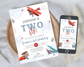 May include: A birthday invitation with a red and blue airplane theme. The invitation reads "Jameson is Two Fly!" with the date, time, and location of the party. A smartphone displays the same invitation.