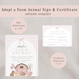 May include: A pink and white farm animal adoption sign and certificate template. The sign dimensions are 8 x 10 inches, and the certificate dimensions are 7 x 5 inches. The sign features a barn illustration and the text "Adopt a Farm Animal".