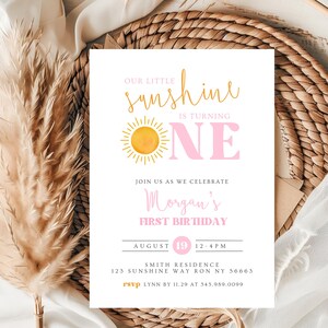 Sunshine Birthday Invitation, Sun First Birthday Invite, Sun Birthday Invitation, 1st Birthday Girl, Sun Birthday Invitation Girl 856A