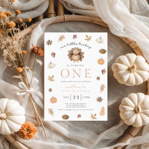 Our Little Turkey Boy 1st Birthday Invitation | Our Little Turkey is One Fall Thanksgiving Bday Editable Invite Template, Neutral 015I