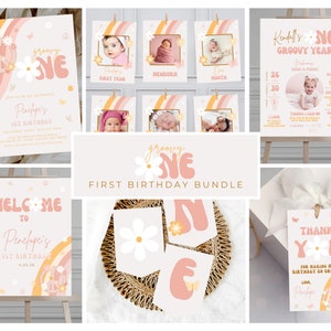 May include: A set of printable first birthday party decorations with a groovy theme. The decorations feature a rainbow, daisies, and the text "groovy one".