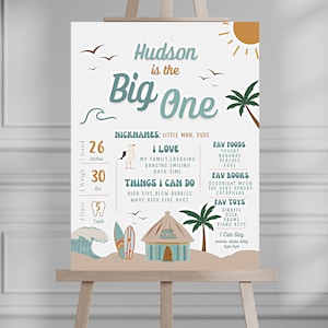 Letrero de hito The Big One, póster de hito del primer cumpleaños, tema de playa de surf, Surfs Up, fiesta de cumpleaños de niño o niña, niños, descarga digital 098MP