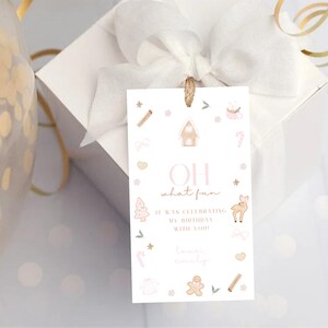 Etiquetas de lembrancinhas de aniversário de Natal, etiqueta de presente, saco de guloseimas Obrigado, etiqueta de lembrancinhas de agradecimento Oh What Fun Gingerbread Pink Girl Obrigado Download 031 FT