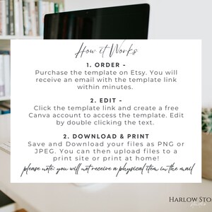 Op de afbeelding: Een wit tekstvak met zwarte tekst die uitlegt hoe je een digitaal sjabloon bestelt, bewerkt en downloadt. De tekst luidt "How it Works", "1. Order - Purchase the template on Etsy. You will receive an email with the template link within minutes.", "2. Edit - Click the template link and create a free Canva account to access the template. Edit by double clicking the text.", "2. Download & Print - Save and Download your files as PNG or JPEG. You can then upload files to a print site or print at home! Please note: you will not receive a physical item in the mail."