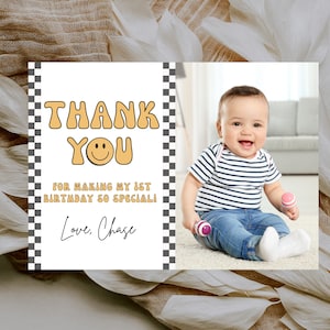 Cartão de agradecimento de aniversário editável One Happy Dude Retro Smiley Face, Retro Groovy First Birthday, Smiley Face First Birthday Party 726TY1