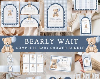 Gingham We Can Bearly Wait Baby Shower Bundle, Blue Vintage Teddy Bear Baby Shower Bundle, Coquette Bear Baby Bundle Invitation Set