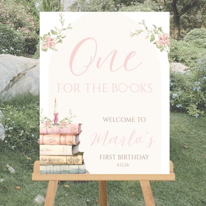 One for the books, Pink Book First Birthday Welcome Sign, Book Themed Birthday Party, Library Theme Party Sign, Editable Instant 579WS