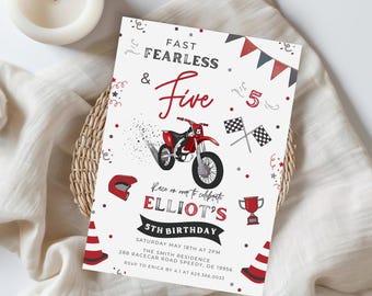 Editable Fast & Five Dirt Bike Birthday Party Invitation Boy Racing Dirt Biking 5th Birthday Invitation Fast Fearless Five Download 752B