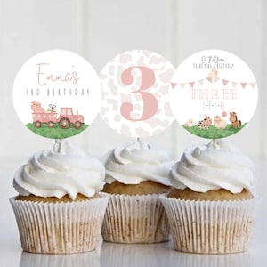 Three-I-E-I-O Birthday Editable Cupcake Toppers, Farm Birthday Cupcake Toppers, Tractor and Farm Birthday, Instant Download Template, 013CT