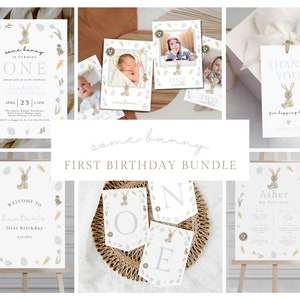 Bunny Birthday Invitation Bundle, Somebunny is Turning One Editable Invitation, Boy First Birthday Invite, Printable Bundle Set, 024D