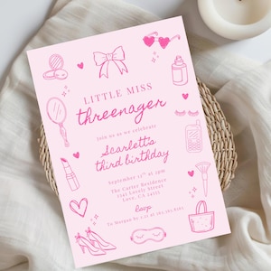 Little Miss Threenager-paket, Threenager-mode och smink, inbjudan till flickas 3-årsdag, handritad rosett med kokett, 588B bild 6