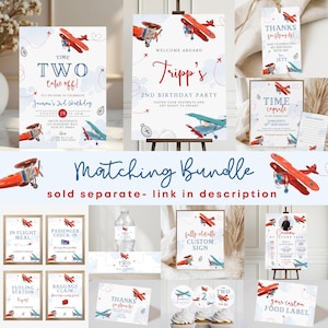 May include: A collection of airplane-themed party supplies, including invitations, signs, and labels. The designs feature red and blue vintage airplanes with text like "Welcome Aboard" and "Two take off!" for a second birthday.