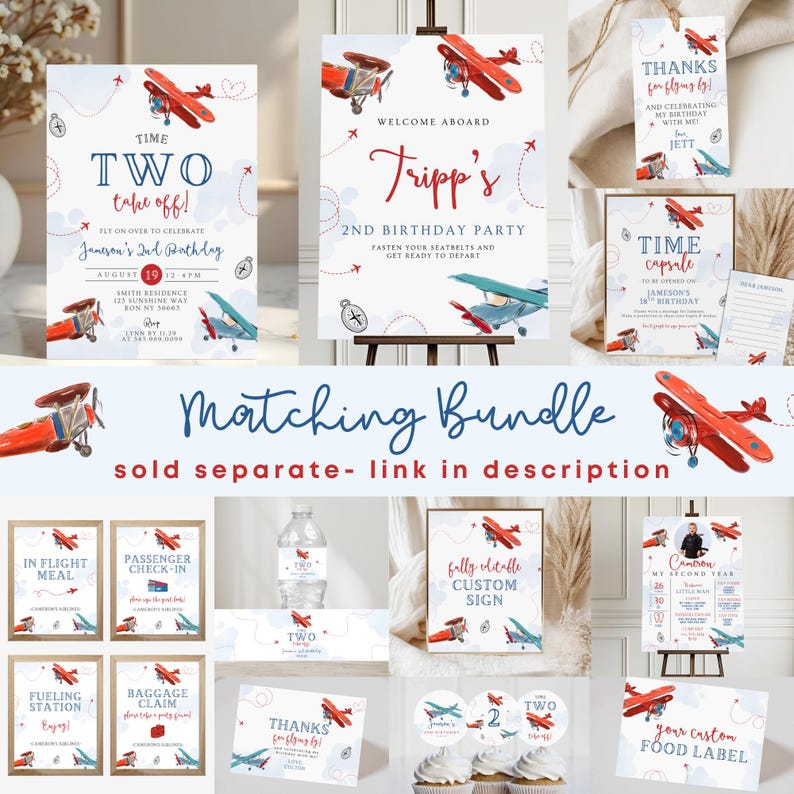 May include: A collection of airplane-themed party supplies, including invitations, signs, and labels. The designs feature red and blue vintage airplanes with text like "Welcome Aboard" and "Two take off!" for a second birthday.
