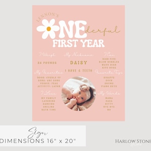 Op de afbeelding: Een roze en gouden eerste verjaardagposter met een madeliefjesontwerp. De poster bevat de naam van het kind, Lennon, de leeftijd, het gewicht, de favoriete dingen en woorden. De poster bevat ook een foto van het kind.