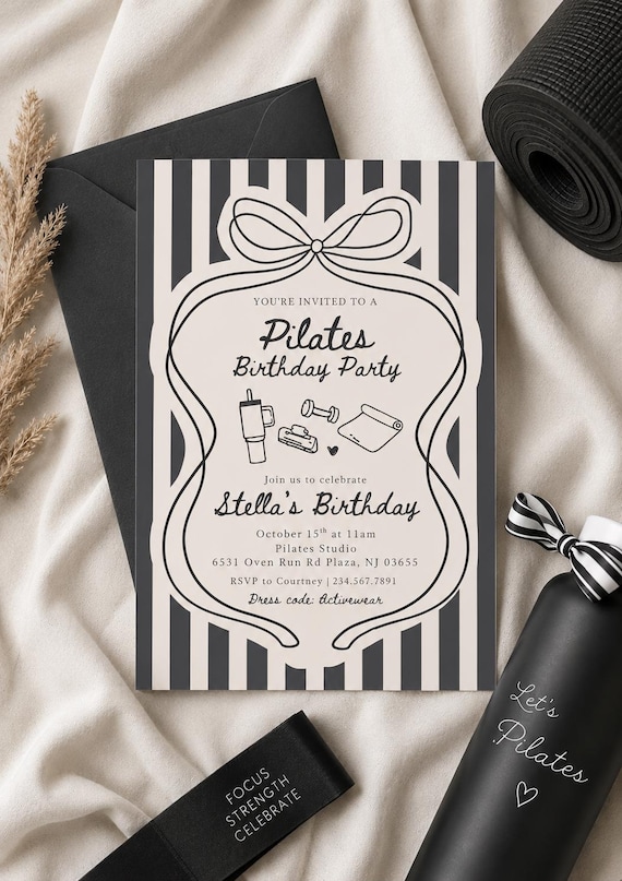 Pilates Party Birthday Invitation, Editable Template, Hand Drawn Invite, Birthday Invite, Girly invite, Coquette, Boho Trendy Aesthetic 479D