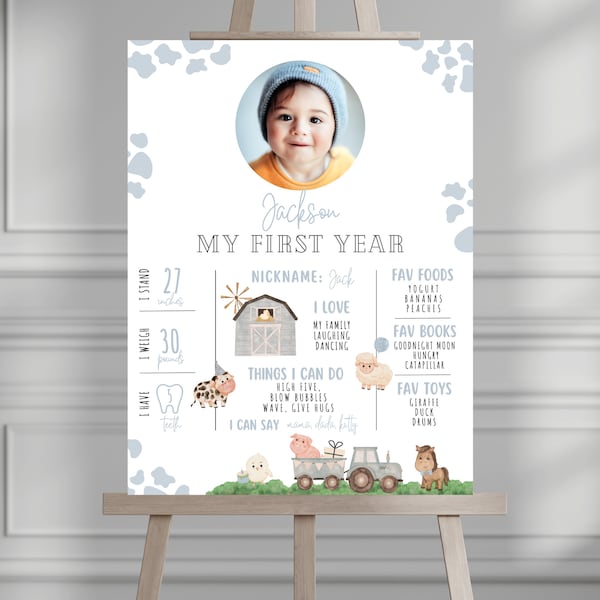 Farm First Birthday Milestone Poster, 1st Birthday Party Tractor and Farm Animal Theme, My First Year Stats Sign, Barnyard Bash Sign 096MP1